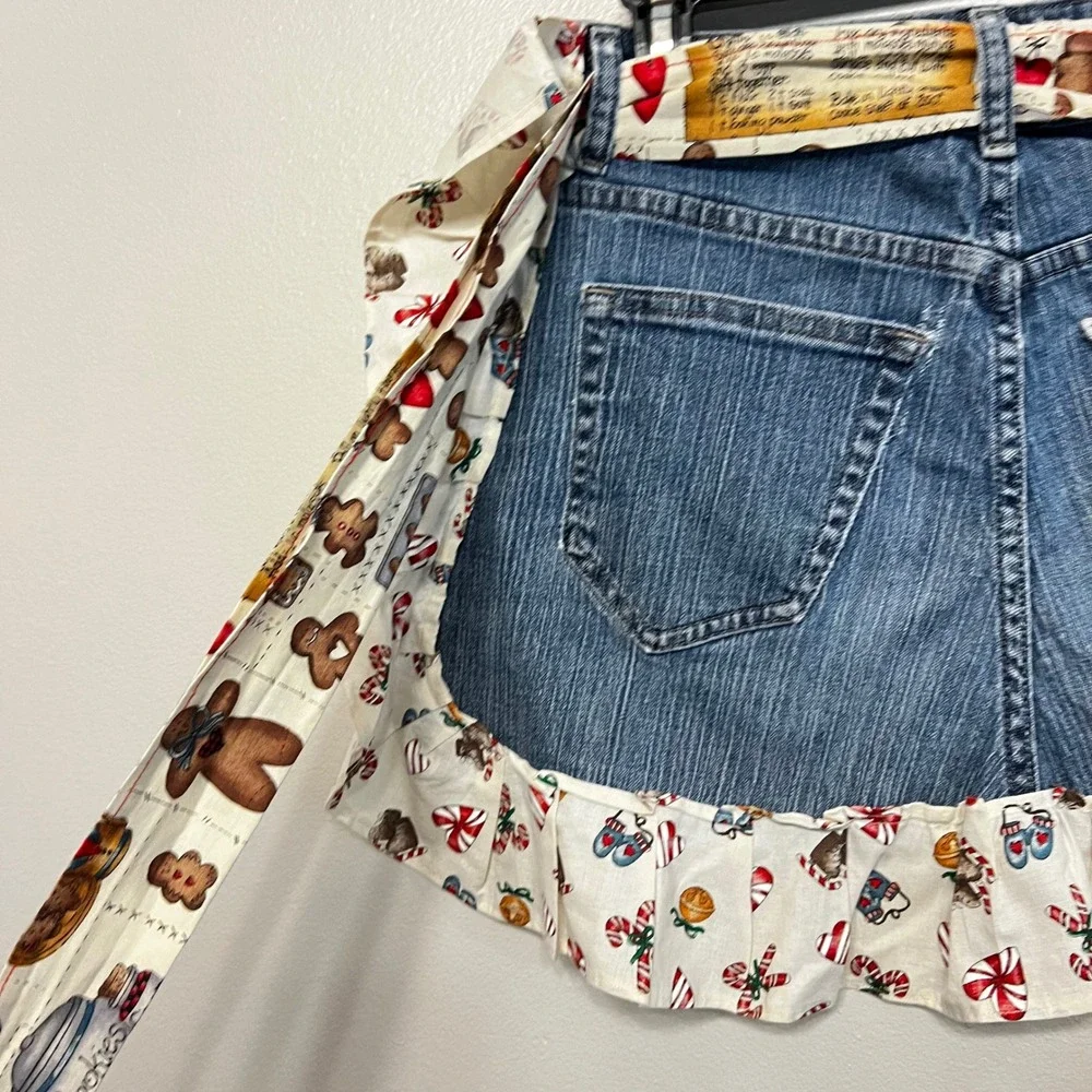 Handmade Upcycled Denim Holiday Apron Gingerbread Candy Cane Ruffle Trim Blue